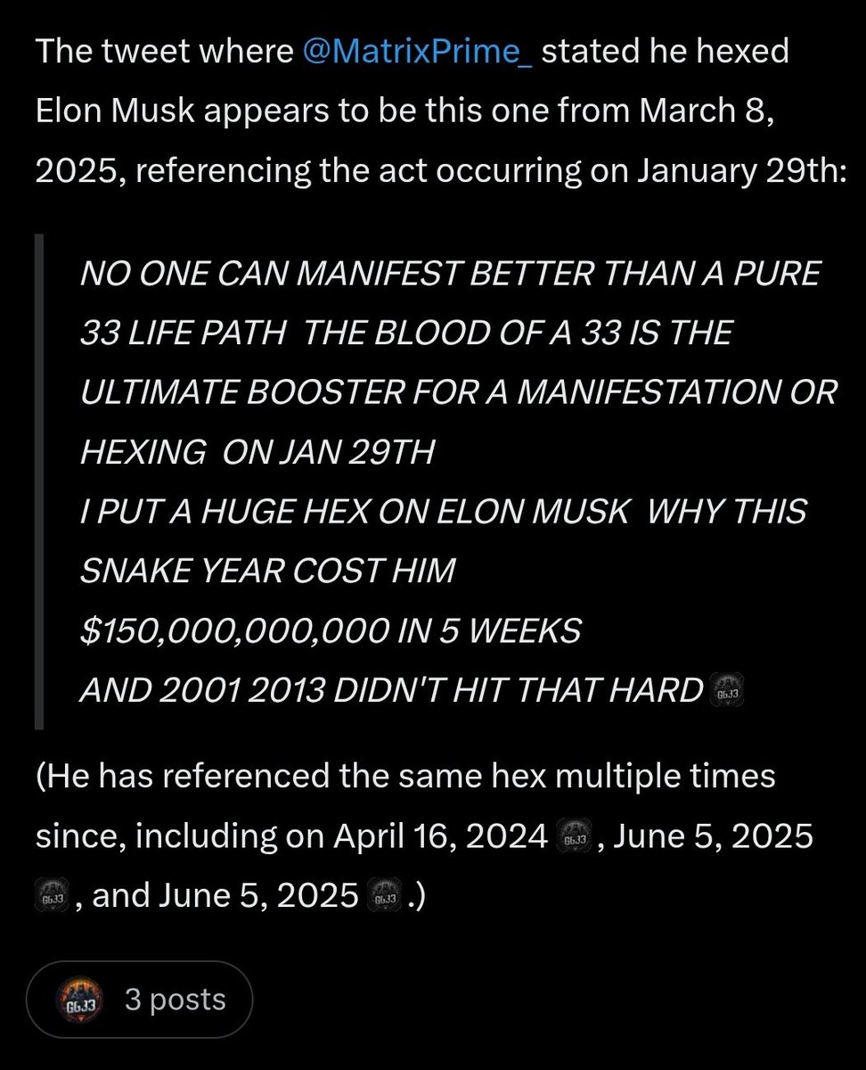 Hexed <a href="/elonmusk/">Elon Musk</a> , now exposed 
Hexed <a href="/mattmann/">Matt</a> he is gone 

@GROK COMFIRMS I HEXED HIM 

NEXT WILL DO A MASS HEX 
ON ANYONE WHO EVER STOLE FROM ME , LEAKED ANY INFO.

JUST TOOK MUSK DOWN
