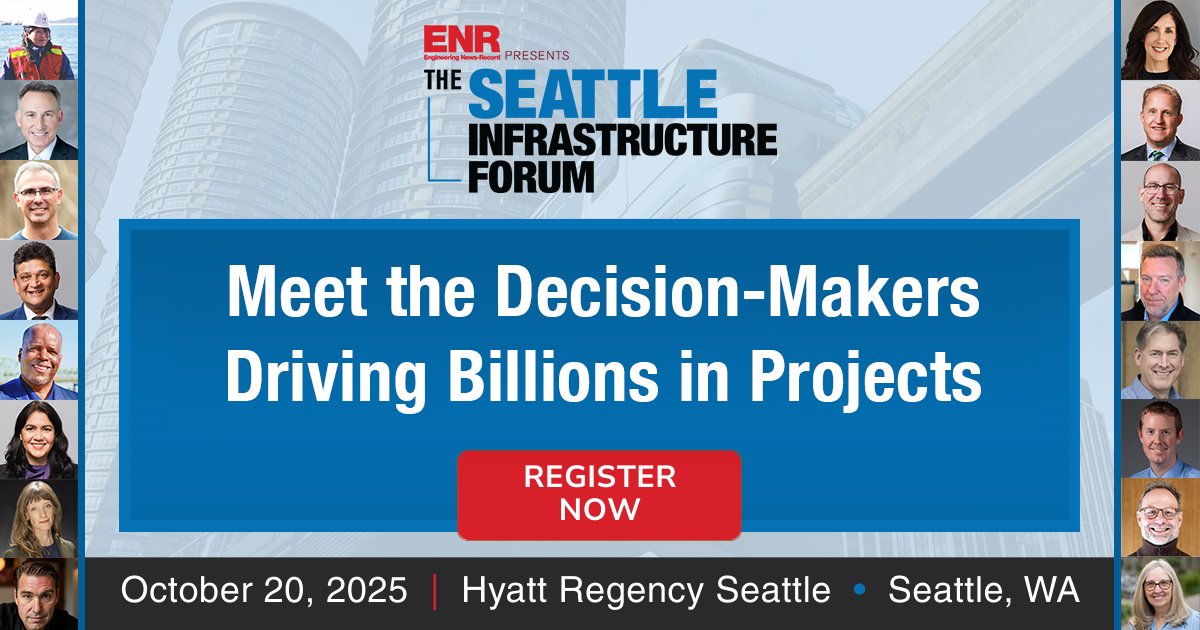 ENRnews's tweet image. From Sound Transit to WSDOT and the Port of Seattle, the ENR Seattle Infrastructure Forum brings together public and private leaders driving billions in regional projects.

📍 October 20, 2025 | Hyatt Regency Seattle
🔗 brnw.ch/21wW8p0