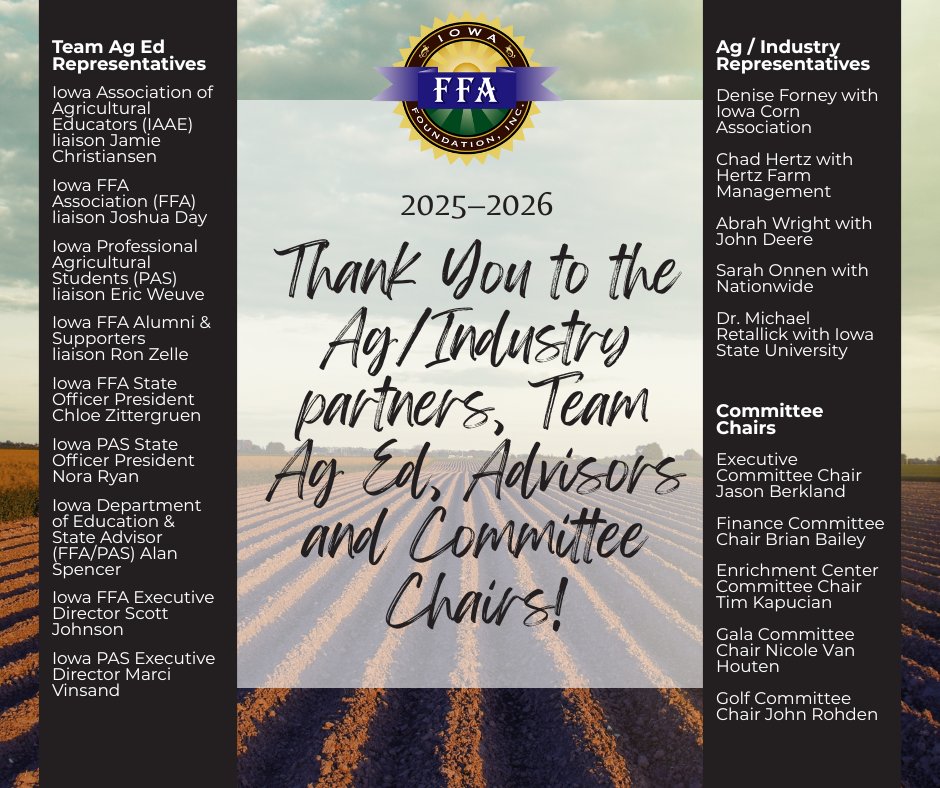 Iowa FFA Foundation (@iaffafoundation) on Twitter photo 🙌 Grateful for our Support Board members! Their guidance, alongside our Executive Board, helps us grow leaders, build communities & strengthen agriculture across Iowa.
👉 Meet the full board: ow.ly/wBV050X15bM
#FFA #AgEducation 🙌 Grateful for our Support Board members! Their guidance, alongside our Executive Board, helps us grow leaders, build communities & strengthen agriculture across Iowa.
👉 Meet the full board: ow.ly/wBV050X15bM
#FFA #AgEducation