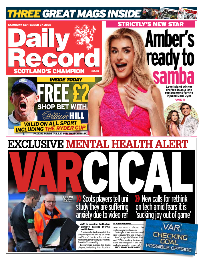VAR is causing footballers anxiety, raising mental health fears. #scotpapers #tomorrowspaperstoday <a href="/Daily_Record/">The Daily Record</a>