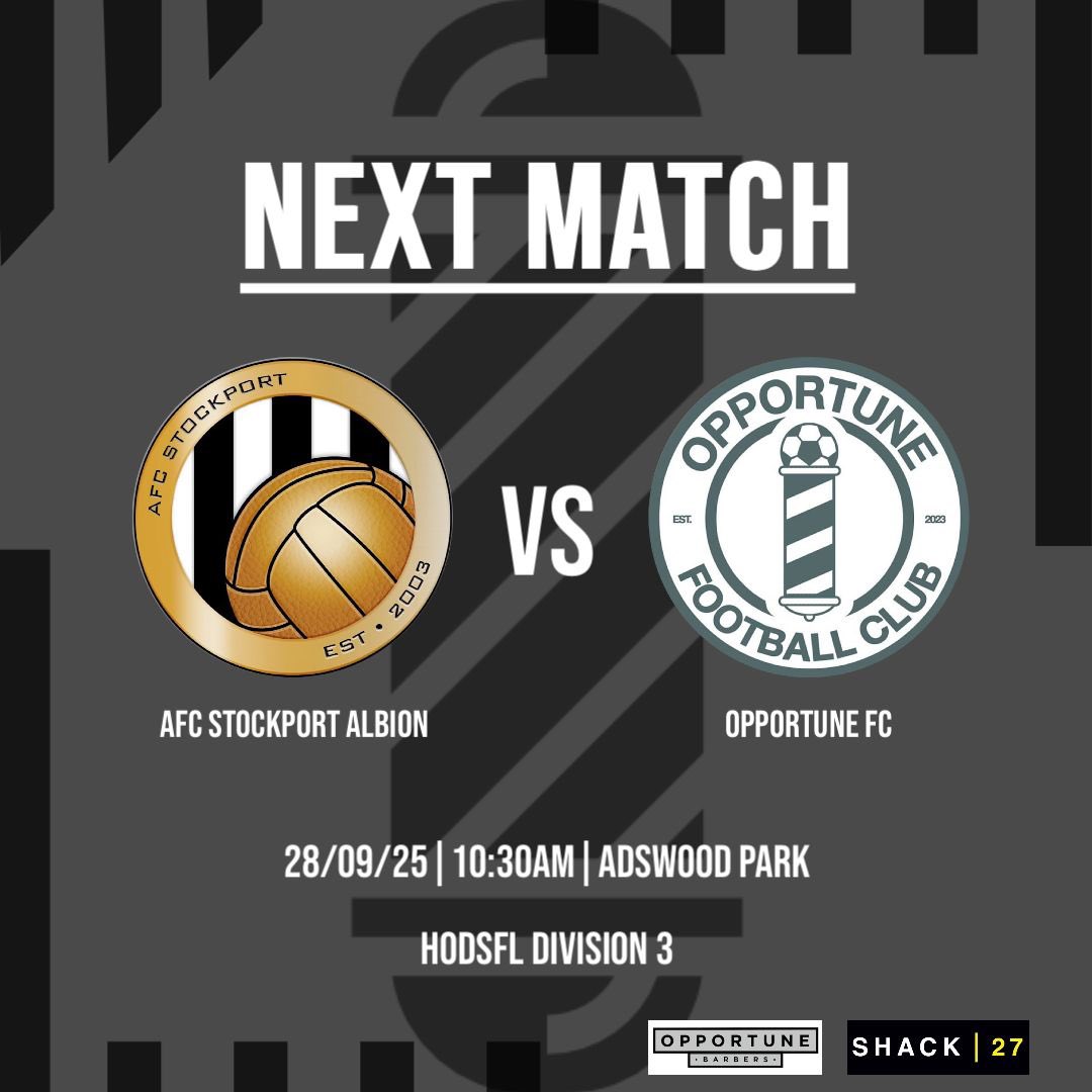 This Sunday we take on Stockport Albion! A team we know for last season and know what they’re capable off! Looking to get 3 points on the road! 

🆚 <a href="/AFC_Stockport/">AFC Stockport</a> Albion
🏆 <a href="/HODSFL/">Hyde, Oldham & District Sunday League</a> Div 3
⏰ 10:30am
📆 28/09/2025
📍 Adswood Park SK8 2LF

Come down to support the lads!#UpTheOpp 💈