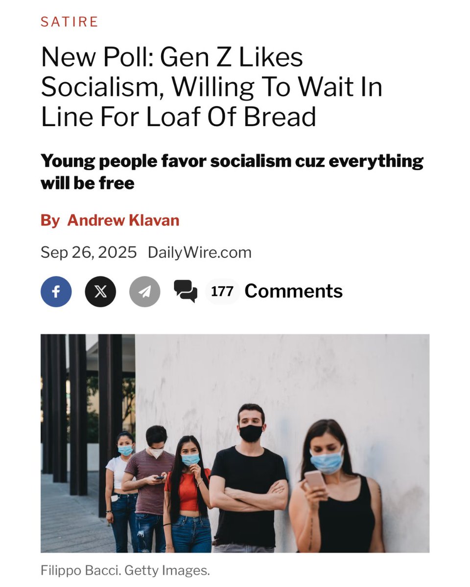 andrewklavan's tweet photo. New Poll: Gen Z Likes Socialism, Willing To Wait In Line For Loaf Of Bread https://t.co/iNMh6HT7d4