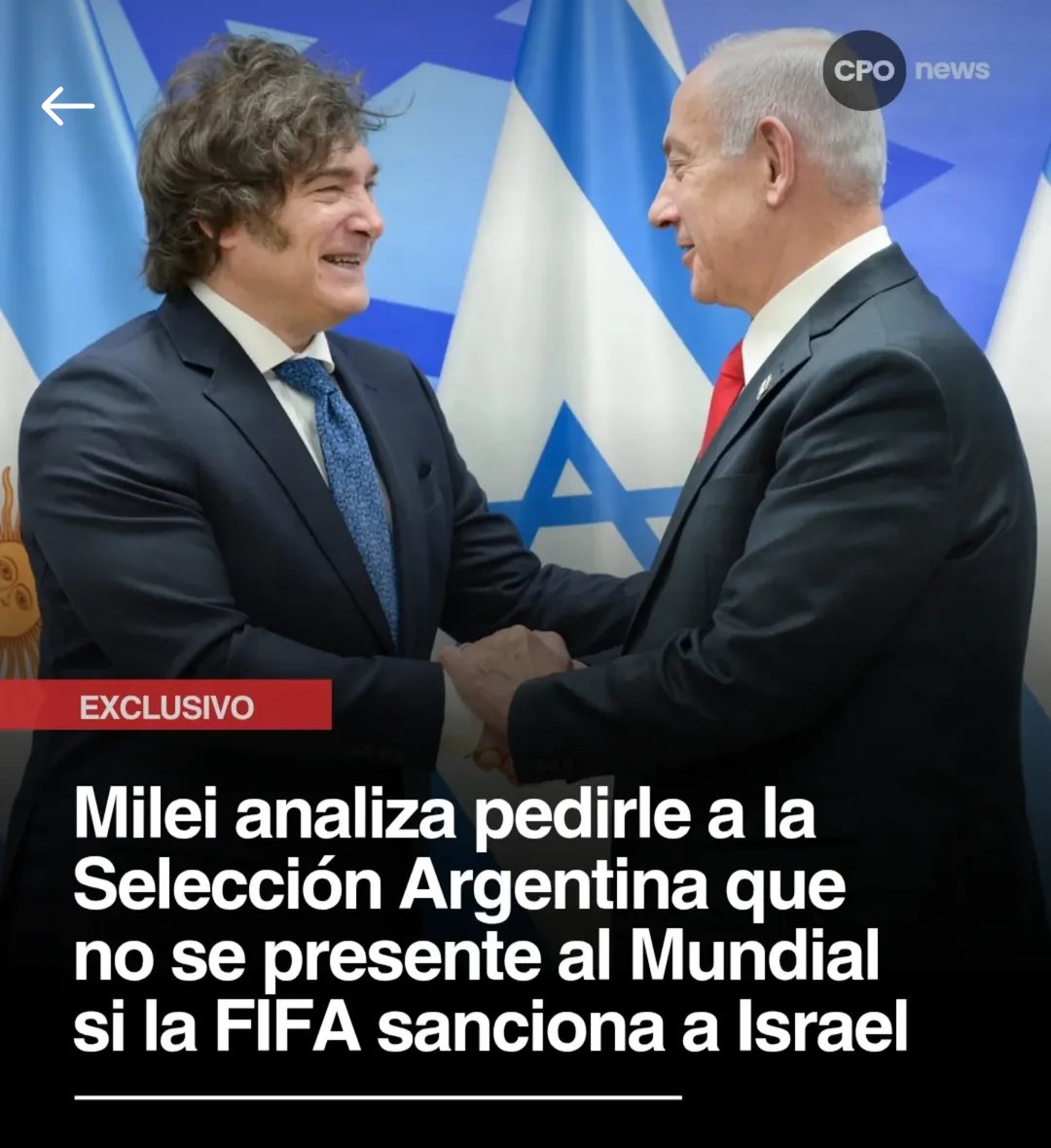 M (@mconurbasic) on Twitter photo La FIFA EXPULSARÍA a Israel del Mundial 2026 por el GENOCIDIO que lleva adelante en GAZA.
Milei quiere que la Selección Argentina NO JUEGUE EL MUNDIAL. O sea, que MESSI termine así su carrera, para solidarizarse con el estado GENOCIDA de Israel.
Haz lo tuyo <a href="/TovigginoPablo/">Pablo Toviggino</a> La FIFA EXPULSARÍA a Israel del Mundial 2026 por el GENOCIDIO que lleva adelante en GAZA.
Milei quiere que la Selección Argentina NO JUEGUE EL MUNDIAL. O sea, que MESSI termine así su carrera, para solidarizarse con el estado GENOCIDA de Israel.
Haz lo tuyo <a href="/TovigginoPablo/">Pablo Toviggino</a>