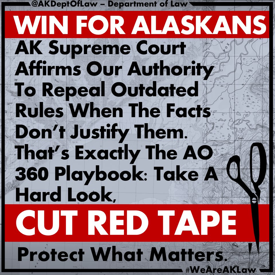 Win for Alaskans. AK Supreme Court affirms our authority to repeal outdated rules when the facts don’t justify them. That’s exactly the AO 360 playbook: take a hard look, cut red tape, protect what matters. More commonsense regulatory reform ahead.

tinyurl.com/45av74py