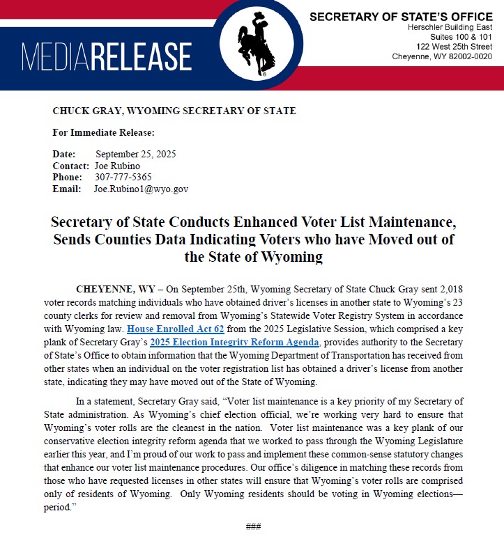“Voter list maintenance is a key priority of my Secretary of State administration. Our office’s diligence in matching these records from those who have requested licenses in other states will ensure that Wyoming’s voter rolls are comprised only of residents of Wyoming."