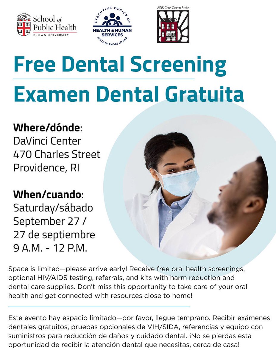 Neighbors, tomorrow, Sat. Sept 27, 9 AM–12 PM at the DaVinci Center (470 Charles St.): Free Dental Screening!

Get free oral health checkups, optional HIV/AIDS testing, referrals, and dental care kits. Space is limited, arrive early!

Please spread the word, this is a great