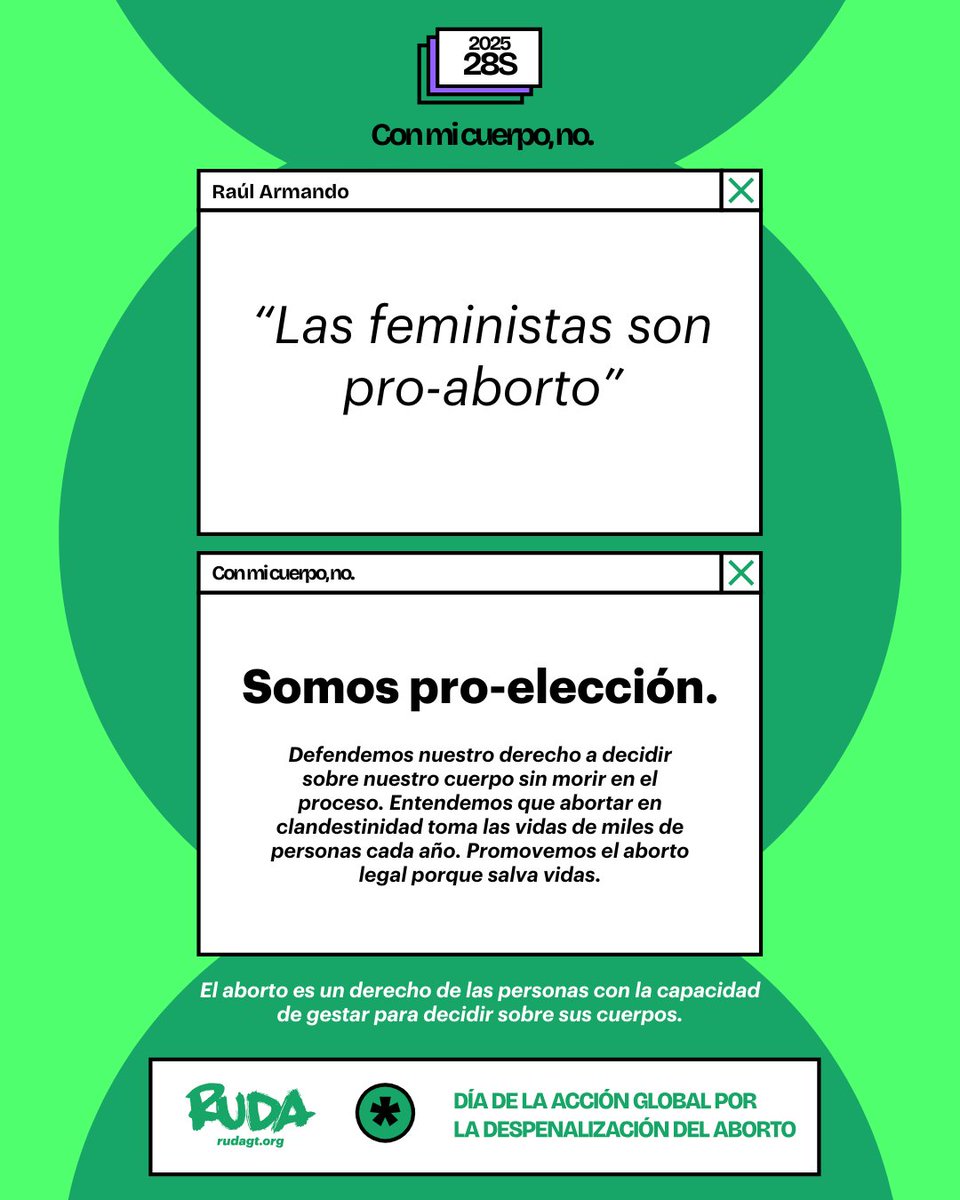🤫 No, Raúl Armando. Nuestra causa es la libertad de decidir sobre nuestros cuerpos.

👉🏾 El aborto es un derecho de las personas con la capacidad de gestar para decidir sobre su cuerpo.

#28S 💚 #ConMiCuerpoNo ✊🏾