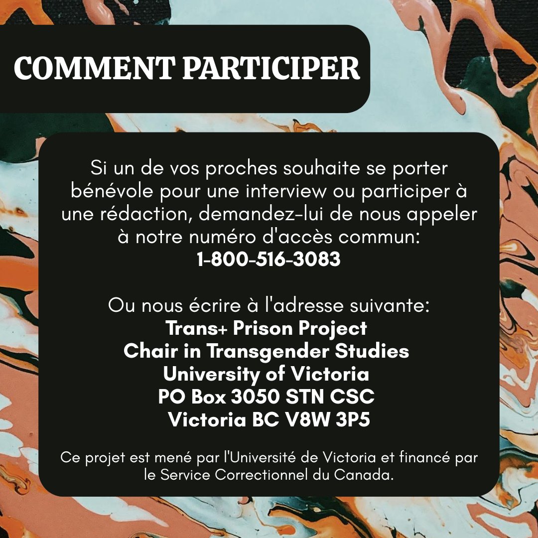 We're coming to Québec! If you think someone you know may be interested in participating, send them our way! (French version)
 
#incarceratedlivesmatter #incarceratedlovedones #uvic #callforparticipants #research #canadianprisonsystem #trans #LGBTQ