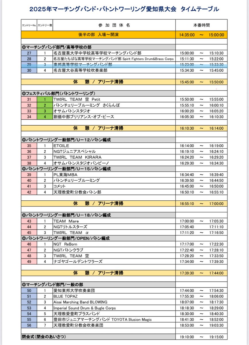大会のお知らせです📣
明日9月28日（日）にJMBA一般社団法人日本マーチングバンド協会の愛知県大会に出場します✨
会場:愛知国際アリーナ IG Arena
時間:入場14:35〜 演技開始15:23〜
当日券会場にて11時より販売しています🙇‍♀️
是非お越し下さい🌟応援宜しく御願いします！
 #tohomarching #gilaughters