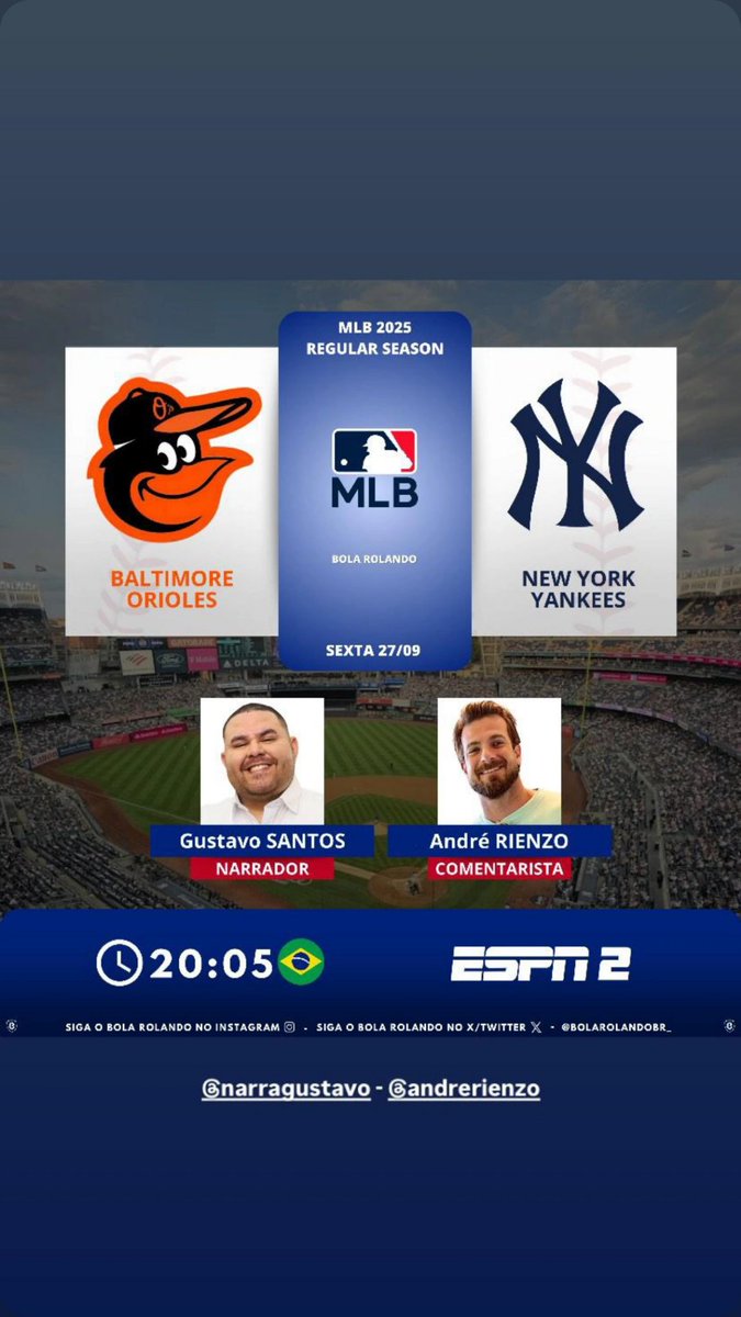 Daqui a pouco estamos no ar!
Ao VIVO na ESPN 2! ⚾⚾
Estou nessa com <a href="/andrerienzo/">Andre A. Rienzo</a>!

Vamos juntos na #MLBnaESPN! 🚀🚀