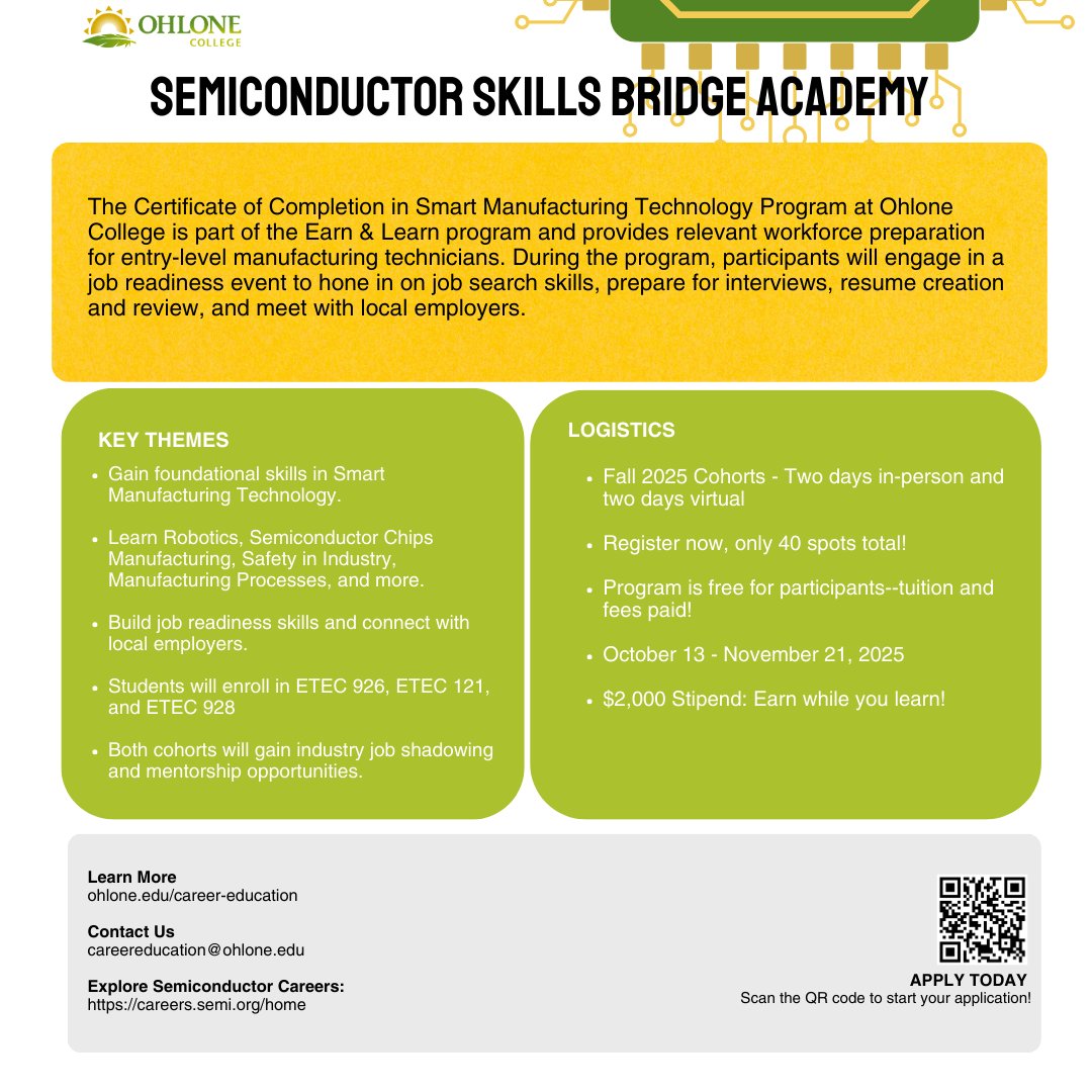 ACWDB's tweet image. 🚀 Launch your career in tech!
Join the Semiconductor Skills Bridge Academy at Ohlone College. #workforce
📅 Oct 7 – Nov 21 | $2,500 stipend while you learn!
✅ Hands-on training + job readiness
👉 Apply today!
forms.office.com/pages/response…
