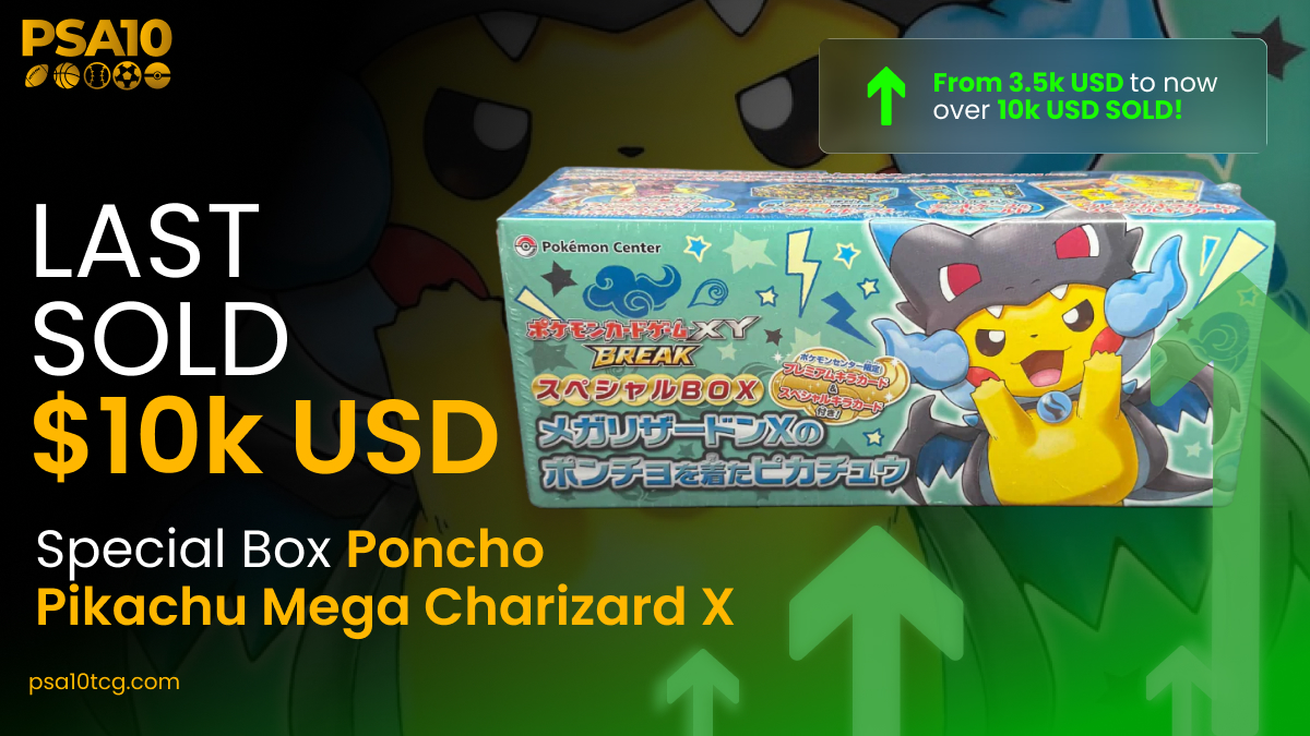 ⚡️Poncho Pikachu x Mega Charizard X went nuclear.

From $3.5k → $10k USD sold 🚀
This special box grail is proving once again that scarcity + iconic art = insane growth.
Collectors who held are eating. Those who slept? Missing the wave. 🌊

👉 PSA10 tracks these market-shifting