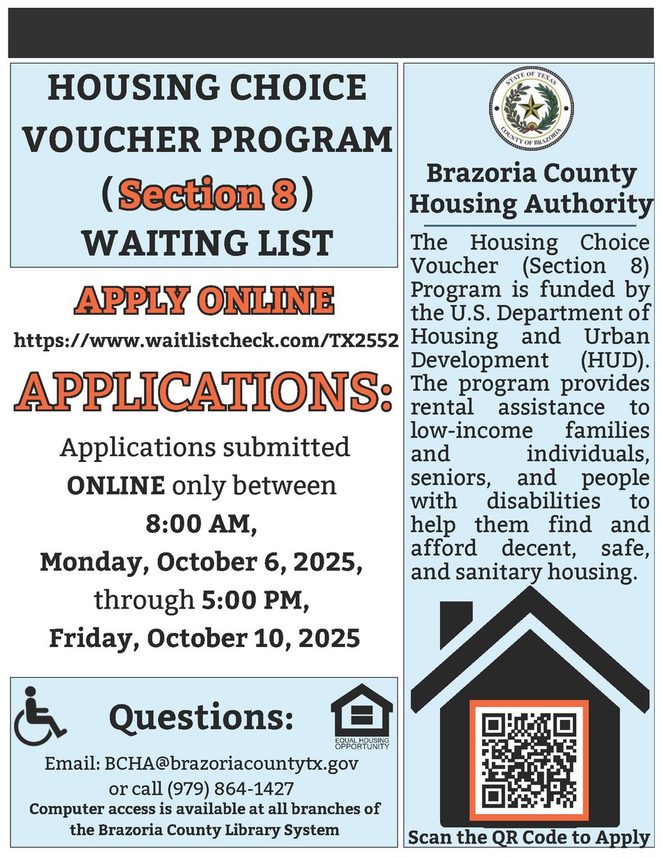 The Housing Authority will be opening their waiting list for the Housing  Choice Voucher (Section 8) Program starting Monday, October 6 – Friday,  October 10. See the flyer for information and locations.