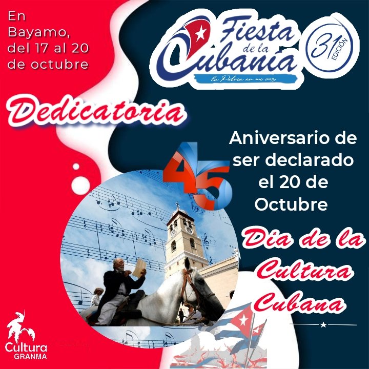 #CulturaGranma
Al 95 aniversario del natalicio del intelectual Armando Hart y el 45 de ser declarado el 20 de Octubre como Día de la Cultura Cubana, también estará dedicada la venidera #31FiestaDeLaCubanía
En Bayamo, del 17 al 20 de octubre.
#LaPatriaEnMiVoz