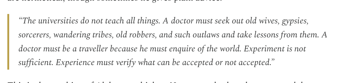 simonsarris's tweet photo. The more advice you ask of LLMs, the less interesting your life will be.

Paracelsus has some good advice. Be very careful of a collapse into consensus. https://t.co/i5ALdR0jUW
