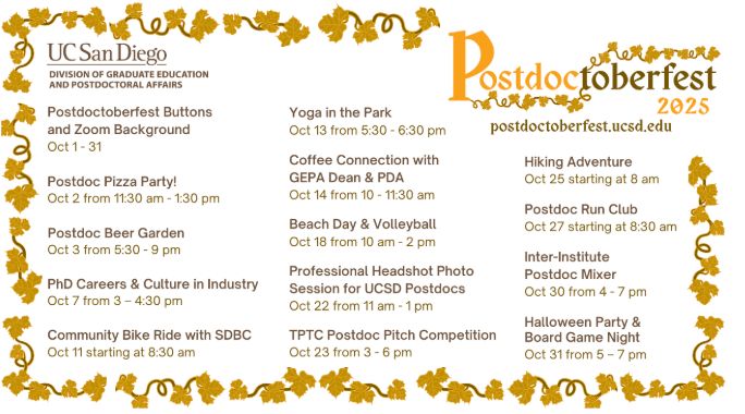 UCSDPDA's tweet image. Postdoctoberfest is UC San Diego’s month long celebration of our postdocs. We hope you will join us in recognizing the valuable contributions our postdocs make to research, to our campus, and to society.