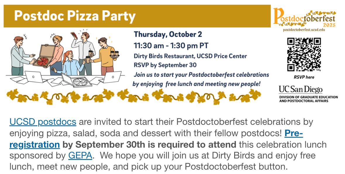 UCSDPDA's tweet image. UCSD postdocs are invited to Postdoctoberfest celebrations at Dirty Birds and enjoy free lunch, meet new people at Dirty Birds Restaurant, UCSD Price Center on 10/2/25 11:30 am - 1:30 pm. Please submit your RSVP: buff.ly/Tvm9YkL by 9/30.