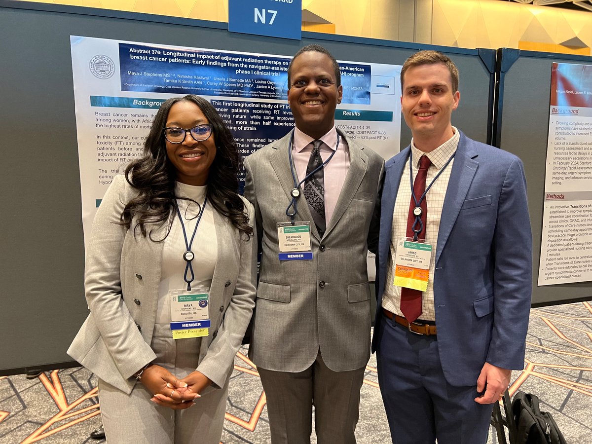 DrMcClellandLab's tweet image. Lab members Jared Gregston, Dr. @TheDrWood, &amp;amp; @MayaJanel in front of their #RadOnc #BreastCancer work at #ASCOQLTY25. 
Congrats to Jared on the Merit Award!