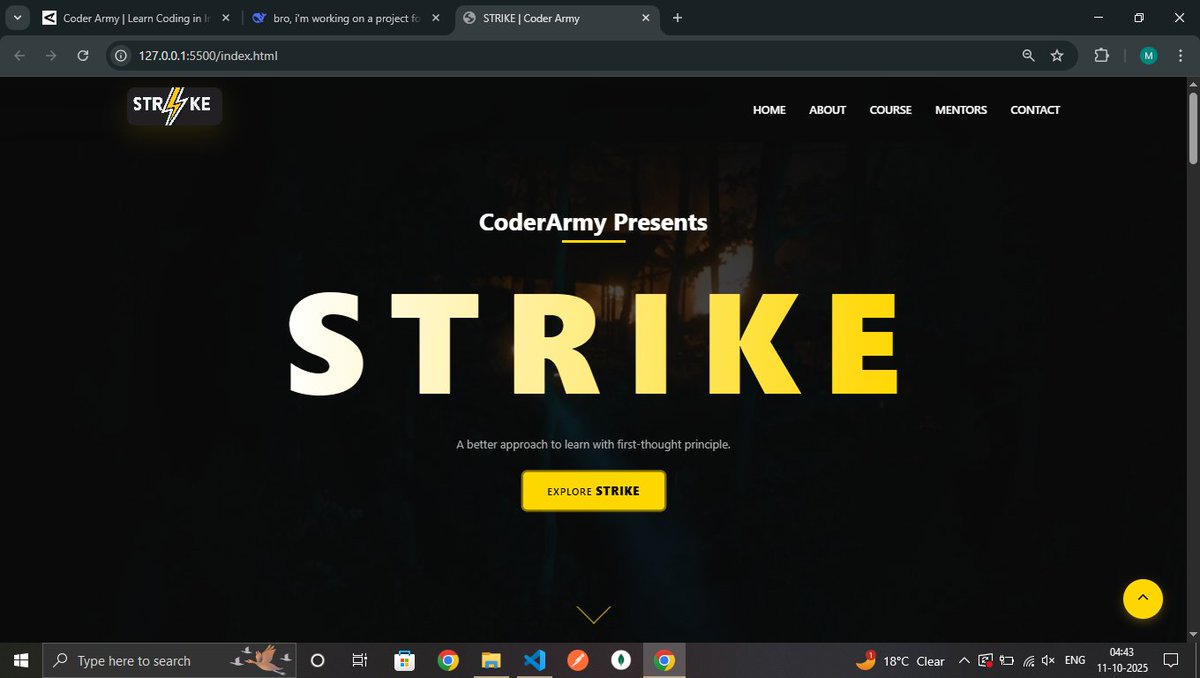 iam_arya19's tweet photo. 🚀 Excited to share STRIKE — my hackathon project built using only HTML &amp; CSS!
⚡ Challenge: No JavaScript allowed. Eager for the results. ⏳

Special thanks to: @rohit_negi9 @adityatandon02 and my #1 bro @_siddhanttt ❤️

#HTMLCSSOnly #STRIKEClone #WebClone #CSSOnly #CoderArmy https://t.co/YHAo7FNUKF
