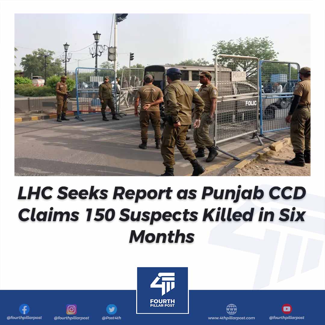 Post4th's tweet image. Punjab Police’s Crime Control Department has killed around 150 alleged criminals in six months — many reportedly shot by their “own accomplices.” LHC orders review amid concerns of staged encounters. #PunjabPolice #CCD #EncounterKillings 
Read more: 4thpillarpost.com