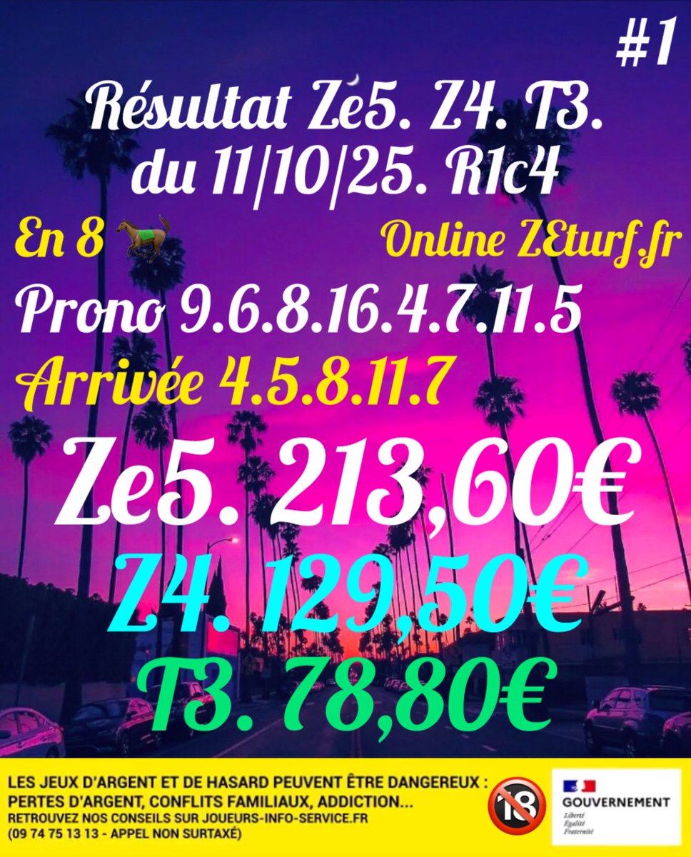 banko84's tweet photo. Cc👋les copains😄se sont les résultats 🎉💶💶des #pronostic du 11/10/25 du #Quinté+ #Ze5 🎯 🐎 💨 
à bientôt et bonne journée les amis🥳🤙 #Banko84 #PMU #ZEturf #GenyBet #TeamParieur #Turfiste #hippique https://t.co/YxOCpRF6BW