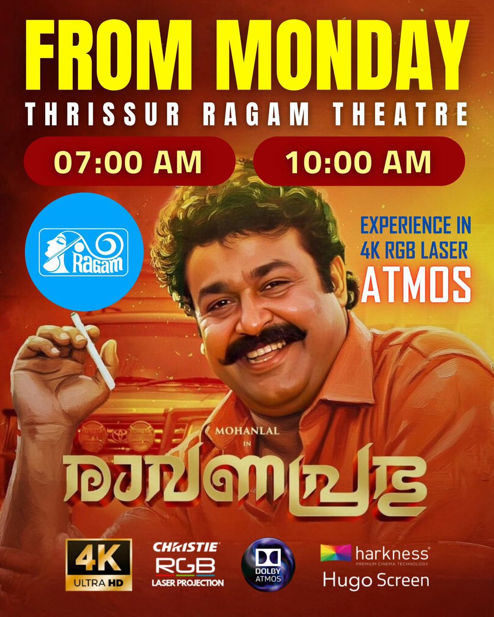 Monday Onwards 2 Shows 🔥🔥🔥

Two Morning Shows 🥵🥵🥵

Thrissur Ragam 💥💥💥

#Ravanaprabhu #Ravanaparabhu4K #Mohanlal