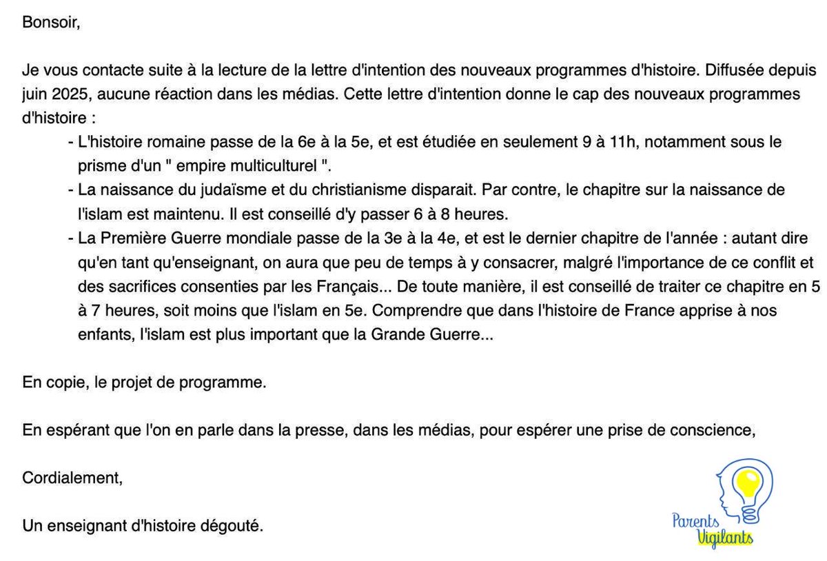ZemmourEric's tweet image. Grâce aux Parents Vigilants, un enseignant d’Histoire nous alerte sur les futurs programmes scolaires en Histoire :
- Nos enfants apprendront désormais l’Empire romain comme un empire « multiculturel ».
- Les enseignants basculeront l’histoire de la Première Guerre mondiale du…