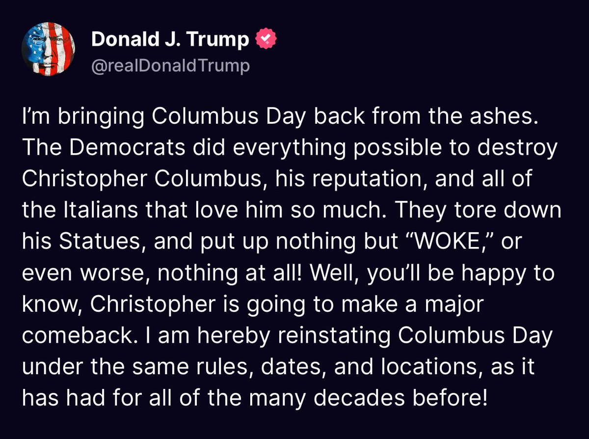 SD73660's tweet image. Trump's Columbus Day Proclamation – A Rejection of Woke Culture, Honors the Discoverer of America, and Revives Italian-American Pride
The National Italian American Foundation issued a stmt praising Pres Trump for reintroducing Columbus Day to national attention
#ColumbusDay