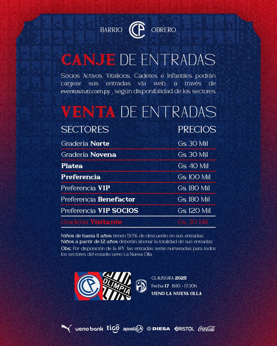 ✅ 𝙋𝙪𝙚𝙗𝙡𝙤 𝘼𝙯𝙪𝙡𝙜𝙧𝙖𝙣𝙖, informamos que ya está disponible la 𝐯𝐞𝐧𝐭𝐚 𝐝𝐞 𝐞𝐧𝐭𝐫𝐚𝐝𝐚𝐬 𝐩𝐚𝐫𝐚 𝐞𝐥 𝐩𝐮́𝐛𝐥𝐢𝐜𝐨 𝐞𝐧 𝐠𝐞𝐧𝐞𝐫𝐚𝐥.

⚽ Cerro Porteño 🆚 Olimpia

📆 Domingo 19/10
🕒 17:30
🏟️ Estadio ueno La Nueva Olla

📲 Adquirí tus entradas ingresando