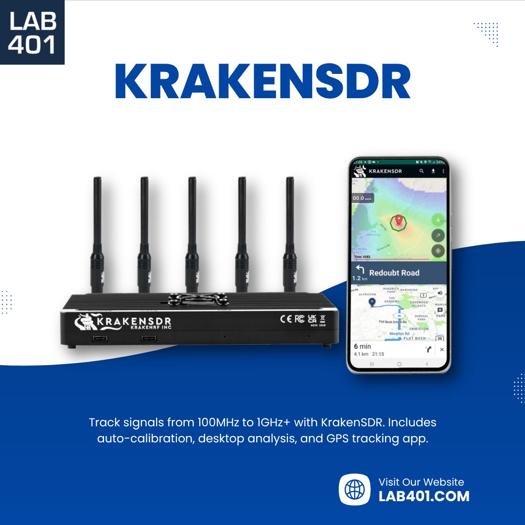Lab_401's tweet image. 📡 KrakenSDR: next-level signal tracking with 5 SDR circuits (100MHz-1GHz), turn-by-turn navigation, mobile/desktop apps &amp;amp; fully open-source. l.lab401.com/J3Ths 
#KrakenSDR #SignalTracking #SDR #RF #RadioDirectionFinding #TransmitterHunting #OpenSource #Lab401