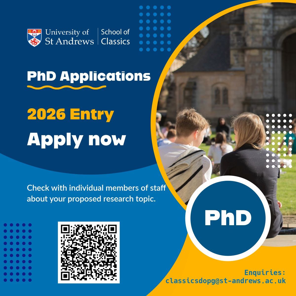 StA_Classics's tweet photo. We're inviting applications for our doctoral programme for 2026-2027 entry! View details including funding opportunities: https://t.co/Cwp1d6r0KF
#ClassicsTwitter #Phd #Funding #DoctoralProgramme #Scholarship https://t.co/aGdC4Q5yRr