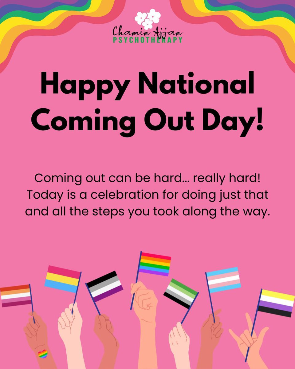 Happy National Coming Out Day!

Coming out can be hard, especially in today’s climate. Today is a celebration and a call to keep working towards a world where everyone can proudly come out without fear. 

#NationalComingOutDay #LGBTQ #MentalHealth #Pride #ChaminAjjanPsychotherapy