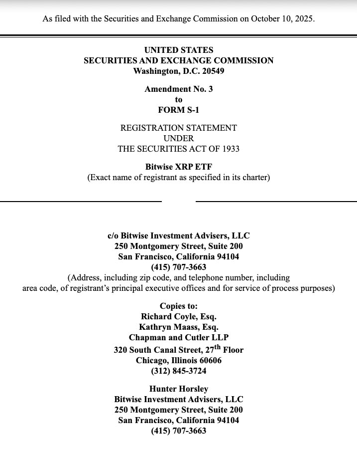 XRP_Expertx's tweet image. BREAKING NEWS 🚨

Bitwise has officially submitted Amendment No. 3 to its application for the “Bitwise #XRP ETF” with the U.S. Securities and Exchange Commission (SEC), marking another significant step toward bringing a spot #XRP exchange-traded fund to the American market.…