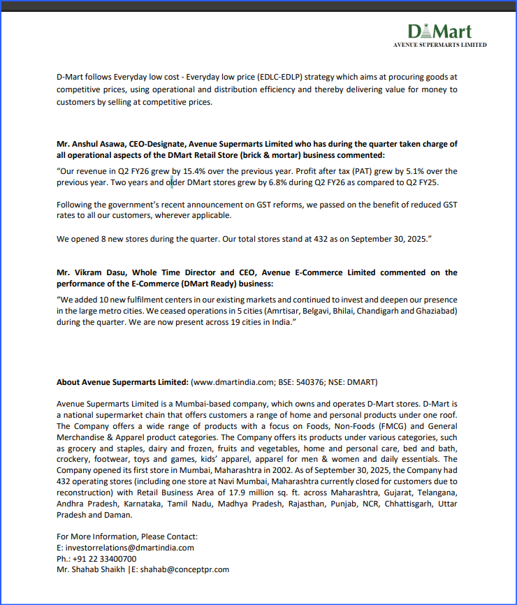 ThanksDeepest's tweet image. Avenue Supermarts Ltd - Financial Results For The Quarter Ended 30Th September, 2025🙃
bseindia.com/xml-data/corpf…
Investor Presentation bseindia.com/xml-data/corpf…