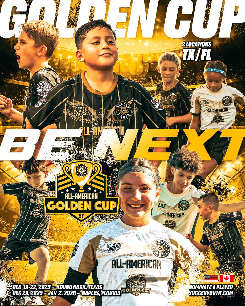 SoccerYouthUSA's tweet image. Our end of year is going to be HUGE. The Golden Cup locations include Round Rock, Texas and Naples, Florida. Plus, top players could be selected to represent their country in the USA vs Canada Showcase Games! ⚽️🇺🇸🇨🇦

Dec 19-22 - Round Rock, TX @RoundRockMPC 
Dec 29-Jan 2 -…
