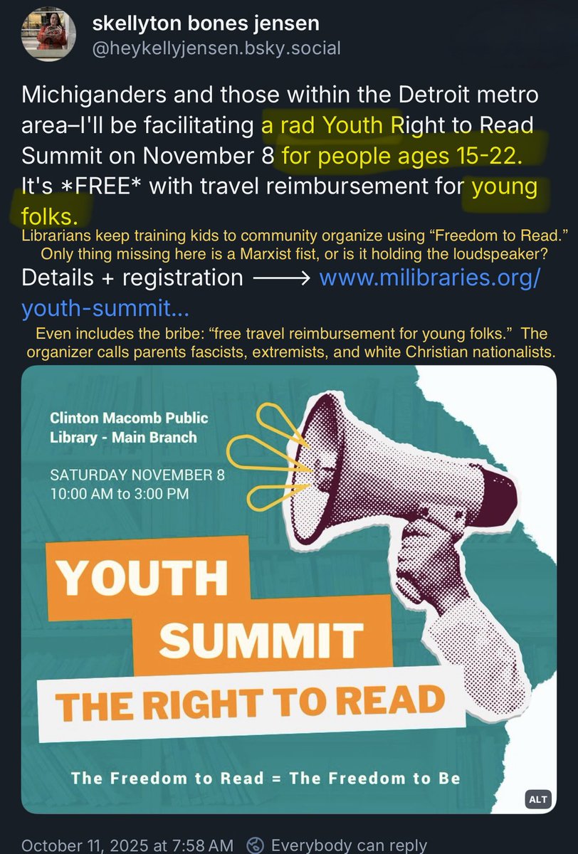 SexHarassed's tweet image. ⚠️ Librarians again organizing children for community organizing training and anti capitalist agitation using “Freedom to Read” as the excuse.
Where do you think all the Antifa terrorists start out?
Uses public funding / resources from Clinton Macomb County Public Library. 📚