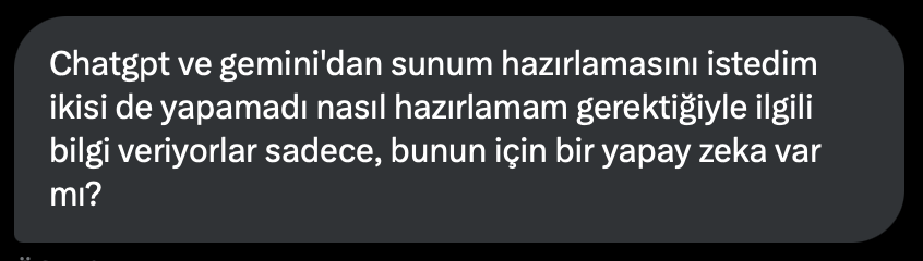 bir insan neden sunum için chatgpt kullanır anlamıyorum valla.. açacaksın gamma agent'ı, iki tıkla ai'a yaptıracaksın

açıyor senin yerine verdiğin konuyu araştırıyor, görseller buluyor, gerçek zamanlı düzenliyor ve sana sunumu veriyor.

 son kez gösteriyorum nasıl yapacağınızı: