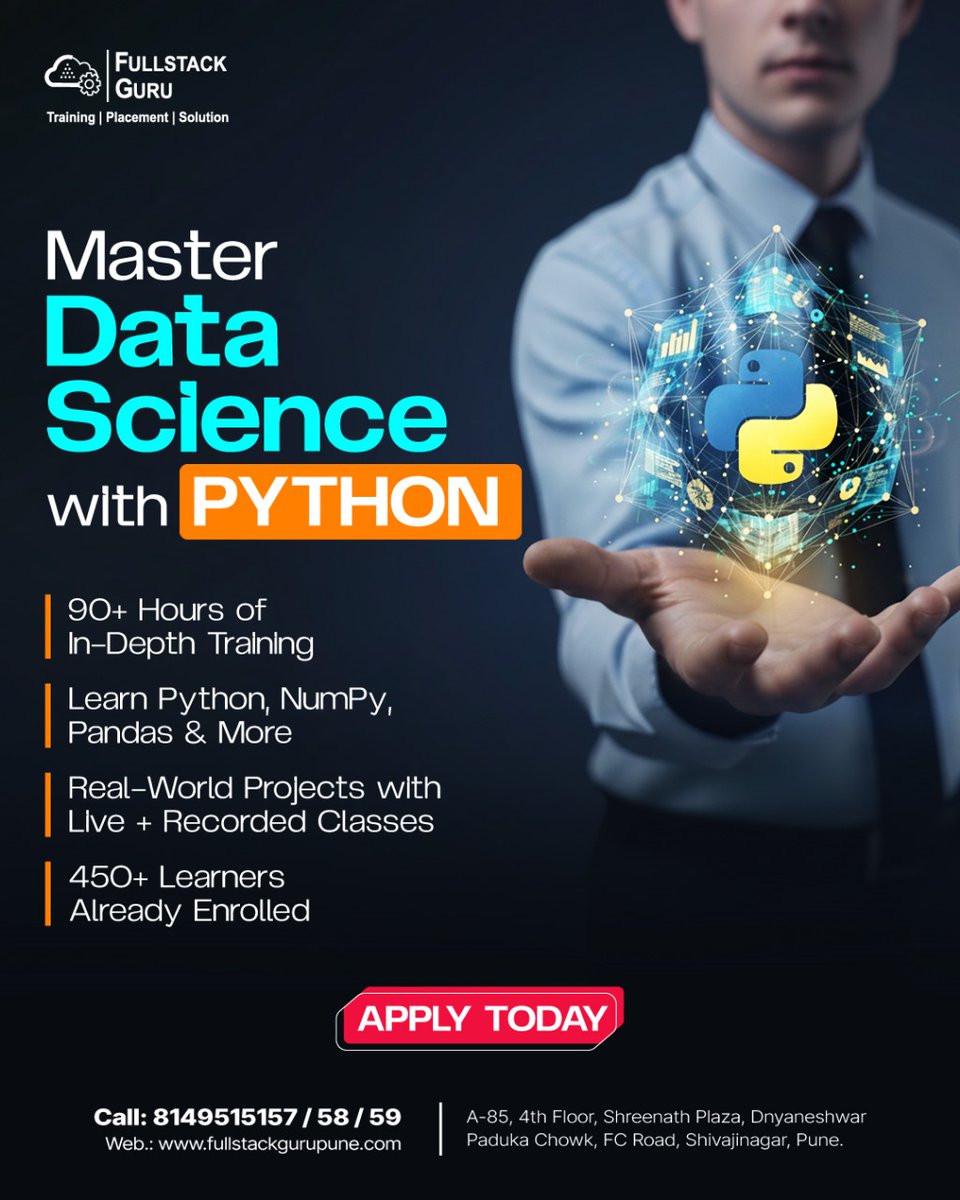 FullStackGuru1's tweet image. 🎯 Master the most in-demand skill of the decade — Data Science with Python!
#datascience #pythontraining #learnpython #datasciencecourse #pythonforbeginners #pandas #numpy #machinelearning #datascientist #datatraining #fullstackguru #techskills #upskilltoday #careerboost