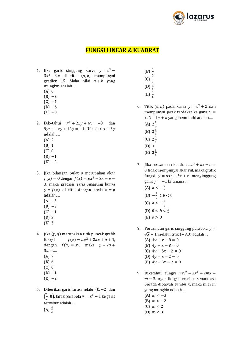 walkingxaxhimi's tweet image. 📌Soal Latihan TKA Mate-Matika SMA: Fungsi Linear dan Kuadrat
source: Alternatifa

🌱Saluran Belajar: whatsapp.com/channel/0029Vb…

like and rt are appreciate, follow for more
#studytwt #ambistwt #latihanTKA