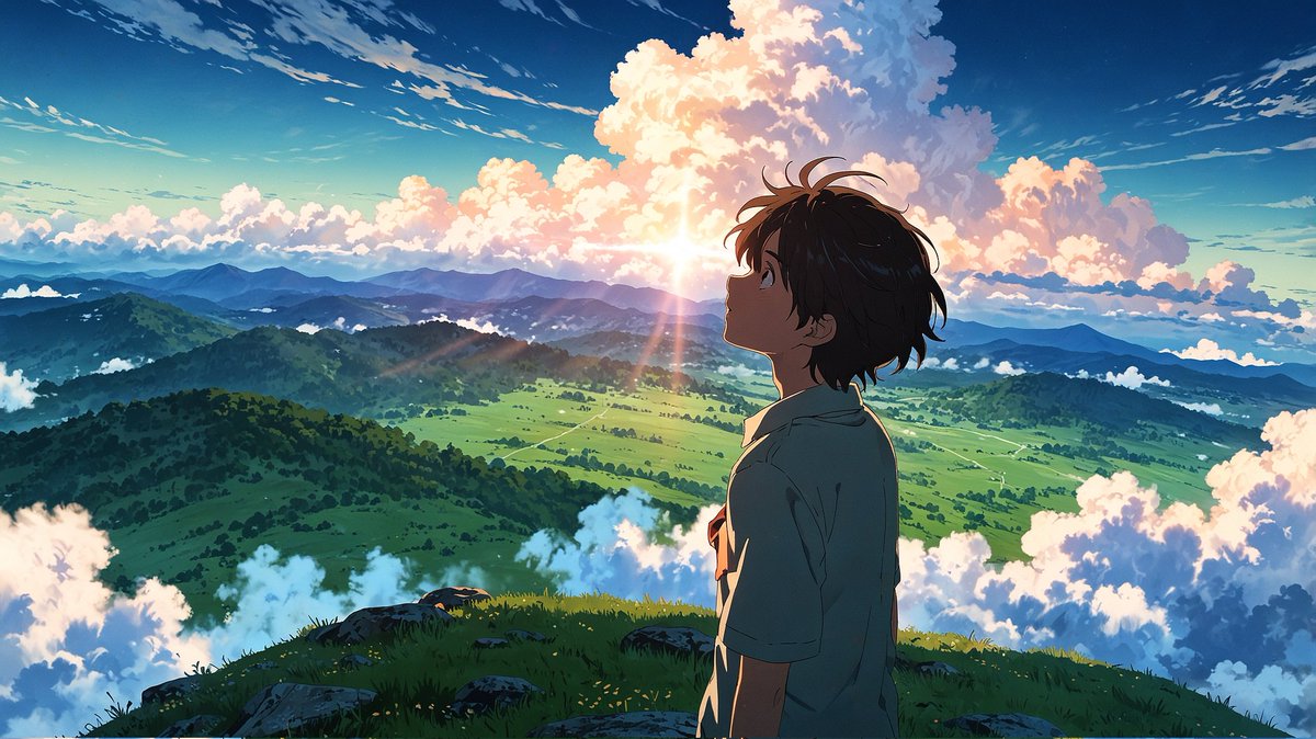 nightgalaxx's tweet photo. Standing tall where the mountains kiss the sunset sky – a moment of quiet wonder in anime dreams. What peaks are you chasing today? 🌅⛰️ #AnimeArt #DigitalIllustration #MountainVibes #ScenicAnime #BlueskyArt #DigitalArt https://t.co/iUdx4eolAW