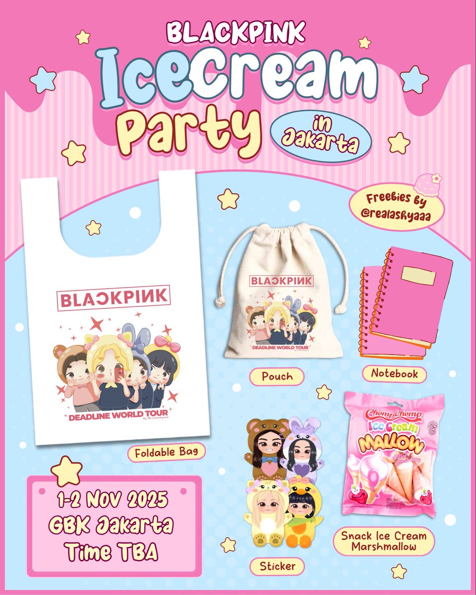 𝓲𝓬𝓮 𝓬𝓻𝓮𝓪𝓶 𝓬𝓱𝓲𝓵𝓵𝓲𝓷’ 𝓬𝓱𝓲𝓵𝓵𝓲𝓷’

🍦 BLACKPINK ICE CREAM PARTY 🍦
by <a href="/realashyaaa/">김 아샤 🐳</a> 

🗓️ 01-02 Nov 2025
⏰ 11.00 wib till closed
📍 GBK Jakarta

Freebies for my moots, LIKE + RT + dont forget tag me if u get this 🖤🩷

See you ~
#BLACKPINK #DEADLINE_IN_JAKARTA