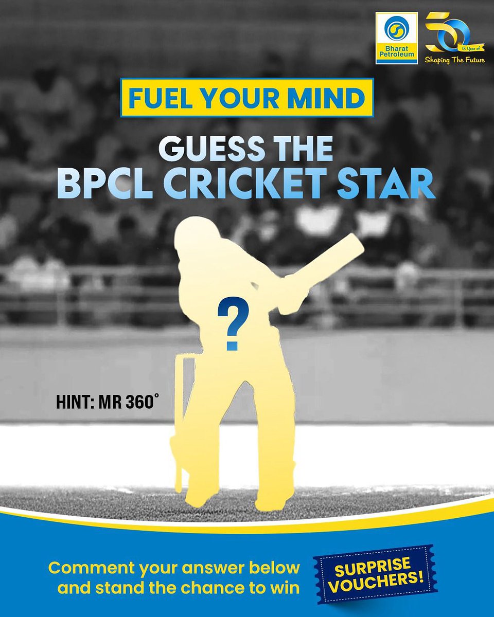 BPCLimited's tweet image. Guess the BPCL Cricket Star and Win The Contest

Tell us your answers in the comments and two lucky winners stand a chance to win surprise vouchers!

To qualify, follow these simple steps:
1. Comment your answer below
2. Tag 3 friends in that comment
3. Use these hashtags: #BPCL…