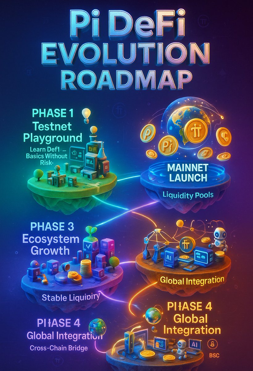 drnicolas_'s tweet image. 🚀 Pi DeFi Evolution Roadmap is Heating Up! 🔥
From Testnet to Global Integration — Pi Network is gearing up to reshape decentralized finance forever! 💜⚡

📌 Phase 1: Testnet Playground (Live Now) 🧪 Create test tokens
🔁 Experiment with DEX &amp;amp; AMM
💧 Provide liquidity in pools…