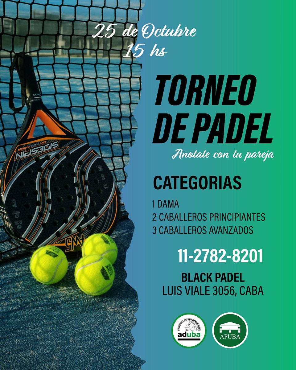 TORNEO DE PÁDEL

El próximo 25 de octubre a las 15 hs se desarrollará el Torneo de Pádel de APUBA. 

Podés participar en una de estas tres categorías:

* Damas.
* Caballeros Principiantes.
* Caballeros avanzados.

Inscribite con tu pareja deportiva por WhatsApp al 1127828201.

Te