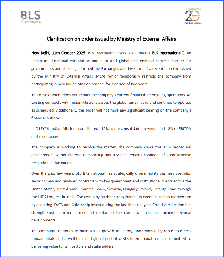 ThanksDeepest's tweet image. BLS International Services Ltd - Clarification On Order Issued By The Ministry Of External Affairs (MEA)