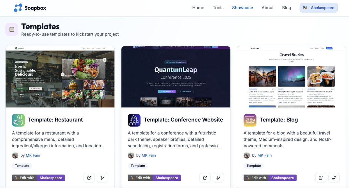 SoapboxTech's tweet image. If you&apos;re looking for a weekend project, you can start with a template for fresh inspiration! 

These are great options to help you build fast without having to prompt Shakespeare from scratch! 

Get a running start: soapbox.pub/showcase?tag=T…
