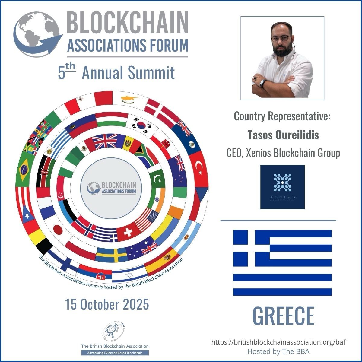 Brit_blockchain's tweet image. 🇬🇷 GREECE will join 51 Member Nations to participate in the Blockchain Associations Forum's *5th* Annual Summit, to be held on 15 October.
🎤 Mr Tasos Oureilidis @akaTasos, CEO of @xenios_group, will represent Greece at the Summit.
➡️ Xenios Blockchain Group S.A. is on a…