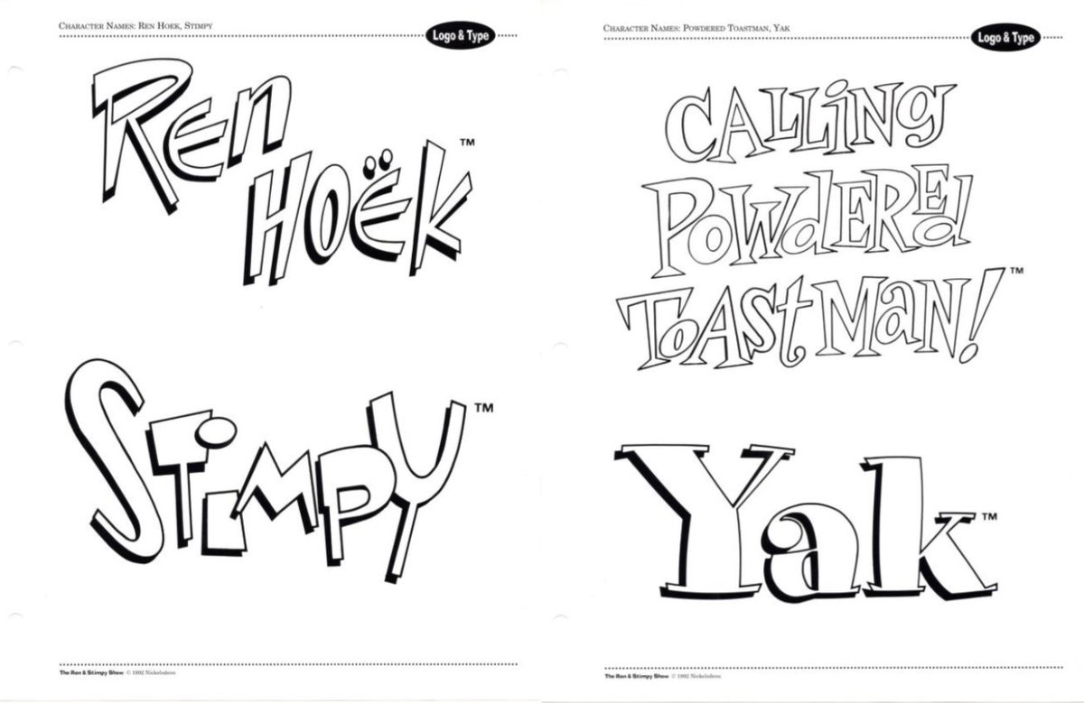 radiodormouse's tweet image. 2/ The first few pages of the Ren &amp;amp; Stimpy style guide focus on teaching merchandisers how to properly reproduce the show’s logos, character names, and overall lettering style. #RenandStimpy #AnimationHistory