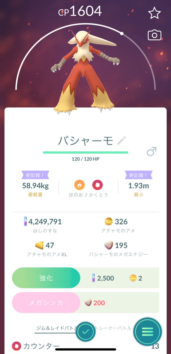 メガバシャーモ ソロ討伐✌️🔥
誤差レベルでギリギリだった🥹
メガシンカにエナジー200必要なのに195しかくれないのは意地悪過ぎる😭