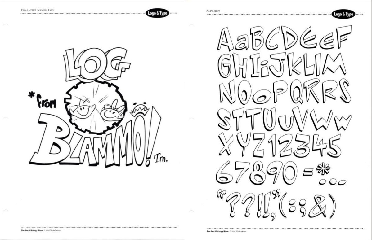 radiodormouse's tweet image. 2/ The first few pages of the Ren &amp;amp; Stimpy style guide focus on teaching merchandisers how to properly reproduce the show’s logos, character names, and overall lettering style. #RenandStimpy #AnimationHistory